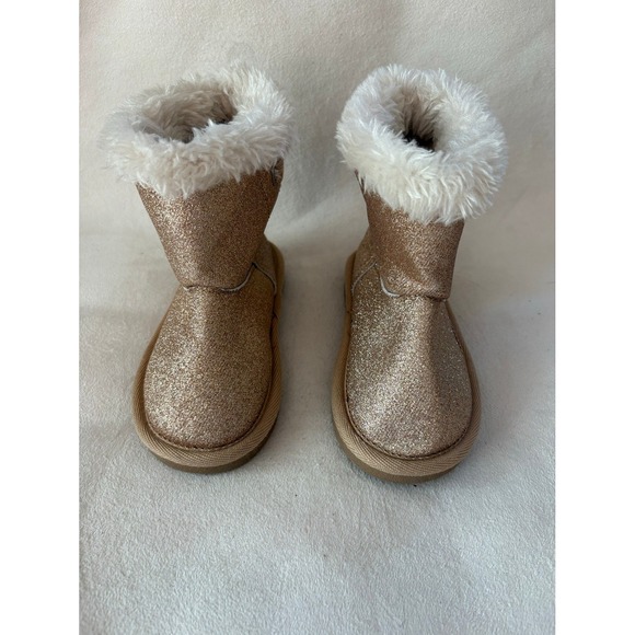 Unbranded Other - Toddler Girls Rose Gold Glitter Faux Fur Trim Bow Back‎ Boots Size 6